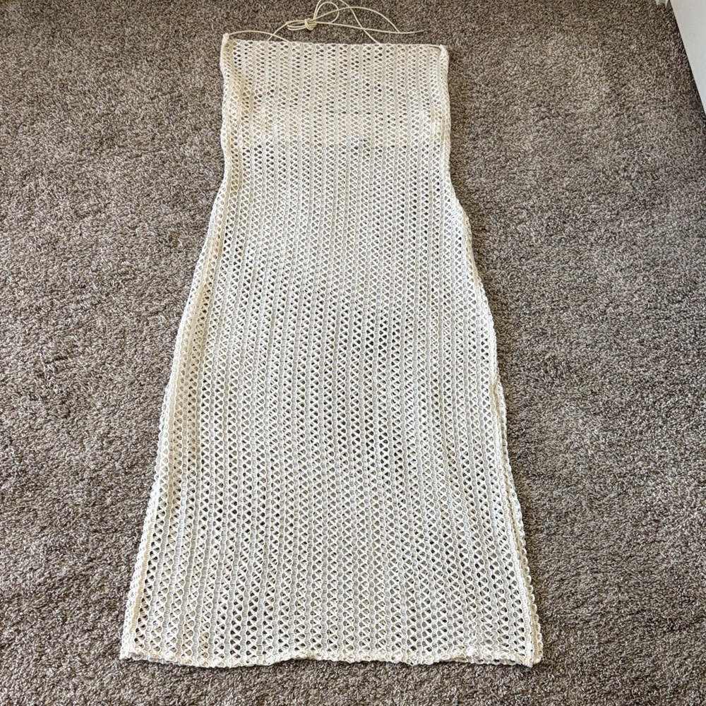 Boho Beach Festival Cream Crochet Knit Cover-Up Maxi Dress Size L